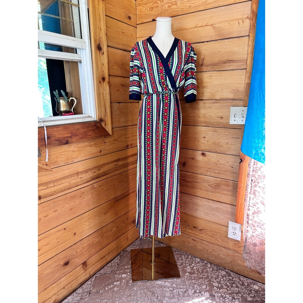 Vintage Cotton Wrap Dress Women Large Multi Aztec Geometric 70s Maxi Boho